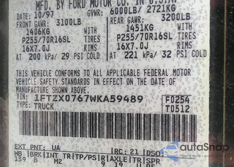 1998 Ford F-150 Lariat/Xl/Xlt из США, поврежденный, VIN 1FTZX0767WKA59489